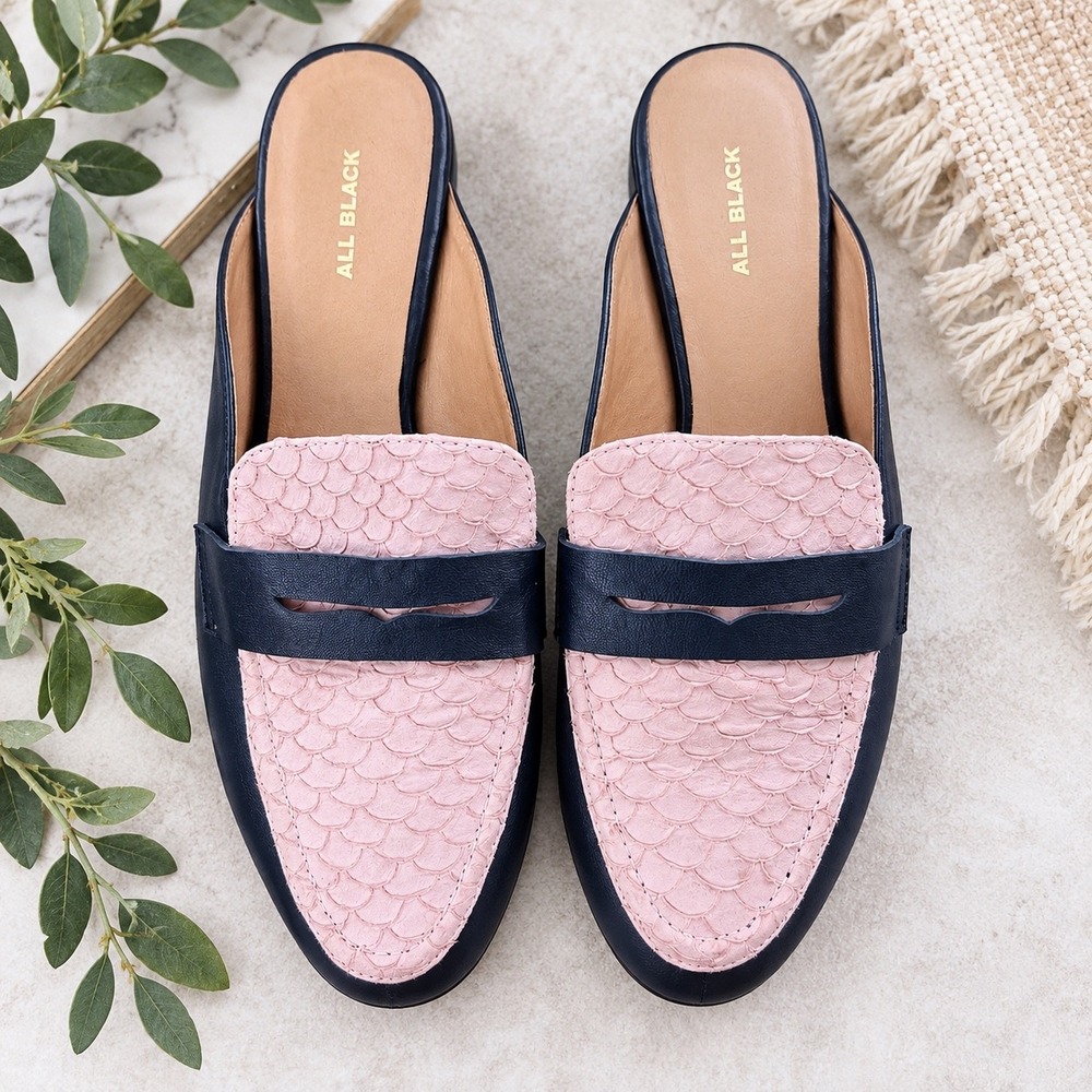 All Black Mules Women 10 Pink Navy Snakeskin Embossed Leather Loafer Slides